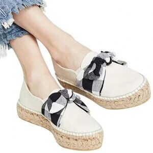 Loeffler Randall Rowen Canvas Gingham Bow Cream Espadrille Platform Size 38